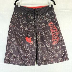 Vintage No Fear Board Shorts Mens 30* Black Devil Woman Heels AOP Grunge Y2K